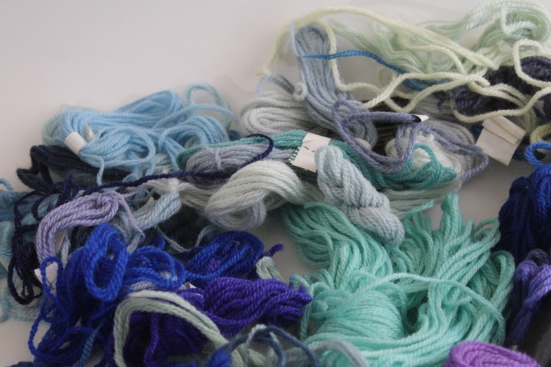 photo of large lot of Persian wool yarn for needlepoint or crewel embroidery, cool blues & lavender colors #5