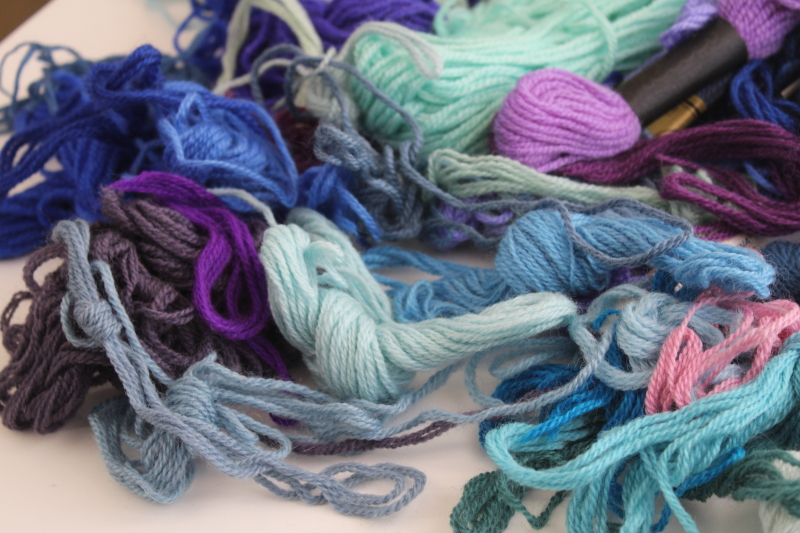 photo of large lot of Persian wool yarn for needlepoint or crewel embroidery, cool blues & lavender colors #6