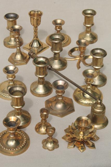 photo of large lot of little brass candlesticks, solid brass candle holders instant collection #1