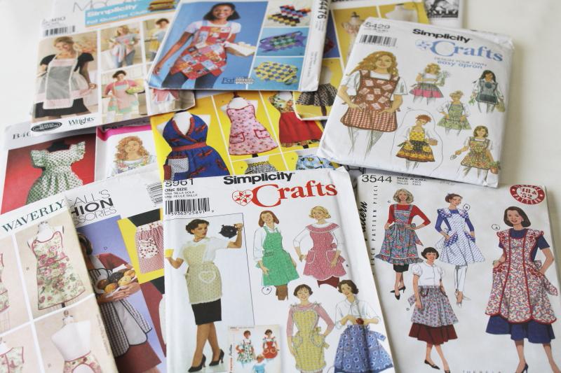 photo of large lot out of print sewing patterns all kitchen aprons, full & half aprons #1