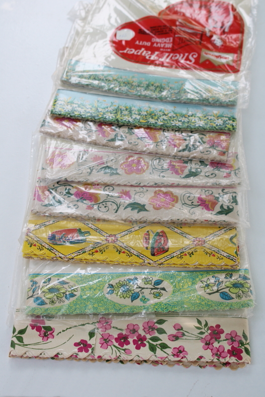 photo of large lot vintage Royaledge shelf paper for retro kitchen, colorful floral prints scalloped edging #1