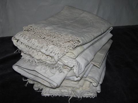 photo of large lot vintage antique whitework linen damask & cotton towels, crochet & tatted lace #1