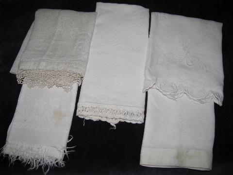 photo of large lot vintage antique whitework linen damask & cotton towels, crochet & tatted lace #2