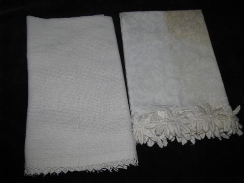 photo of large lot vintage antique whitework linen damask & cotton towels, crochet & tatted lace #7