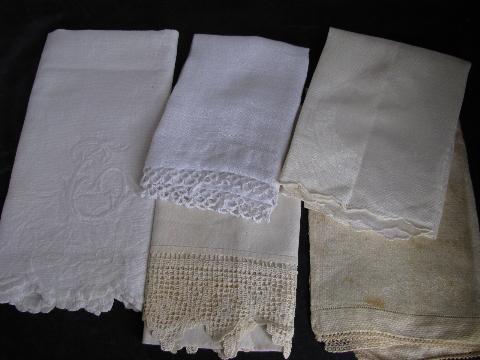 photo of large lot vintage antique whitework linen damask & cotton towels, crochet & tatted lace #9