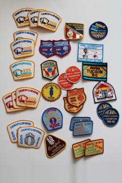 catalog photo of large lot vintage bowling tournament patches, embroidered badges sew on appliques 