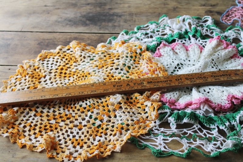 photo of large lot vintage crochet cotton lace doilies, bright colors and flowers hippie grandma boho decor  #3