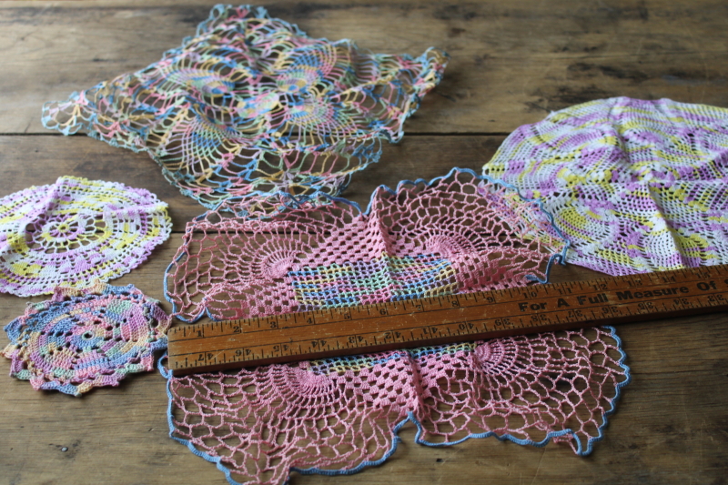 photo of large lot vintage crochet cotton lace doilies, bright colors and flowers hippie grandma boho decor  #4