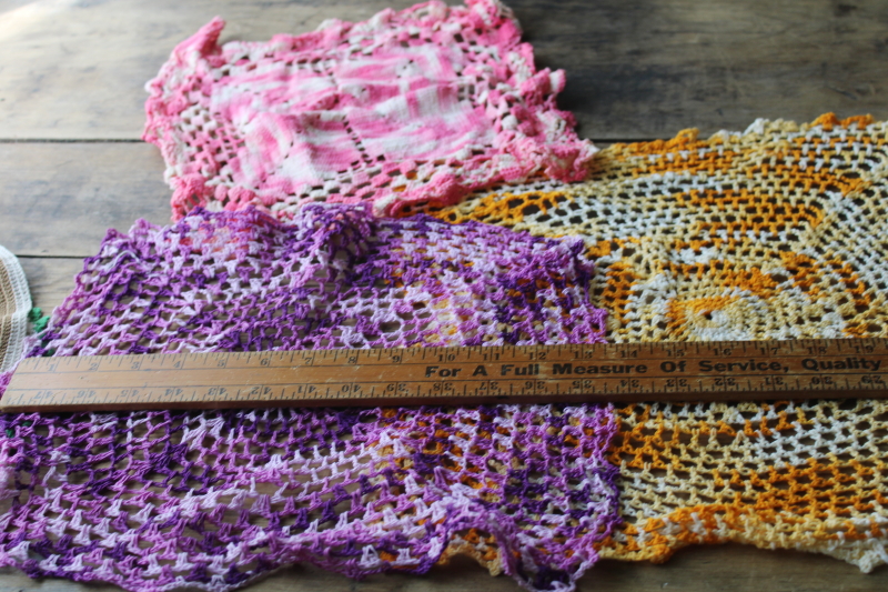 photo of large lot vintage crochet cotton lace doilies, bright colors and flowers hippie grandma boho decor  #6