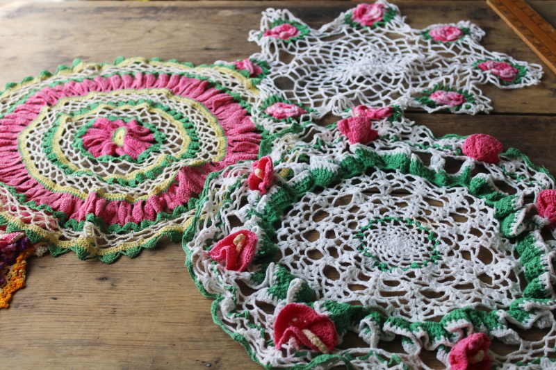 photo of large lot vintage crochet cotton lace doilies, bright colors and flowers hippie grandma boho decor  #7