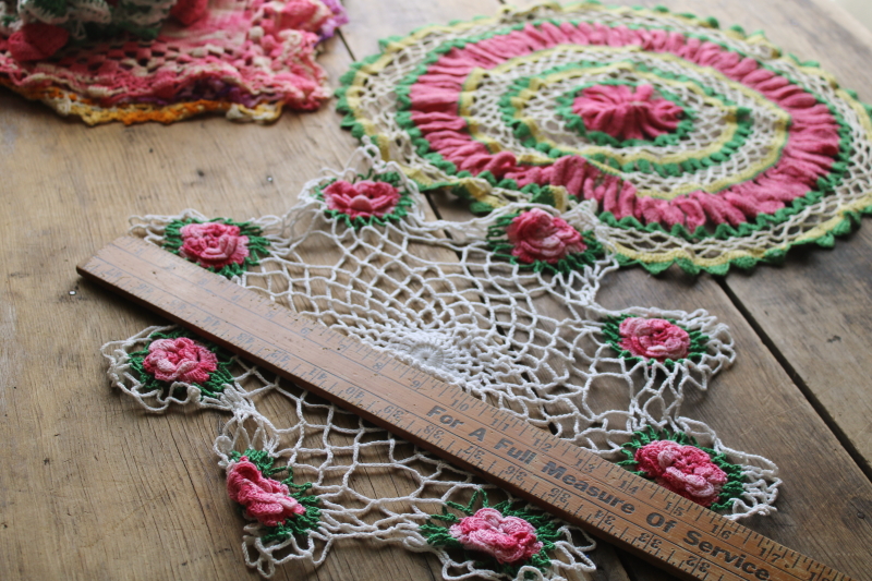 photo of large lot vintage crochet cotton lace doilies, bright colors and flowers hippie grandma boho decor  #9