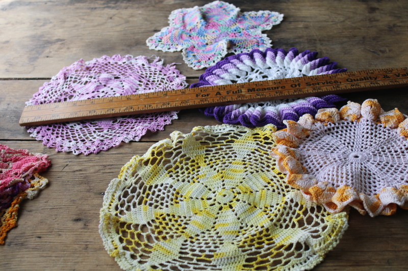 photo of large lot vintage crochet cotton lace doilies, bright colors and flowers hippie grandma boho decor  #10