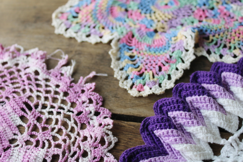 photo of large lot vintage crochet cotton lace doilies, bright colors and flowers hippie grandma boho decor  #11