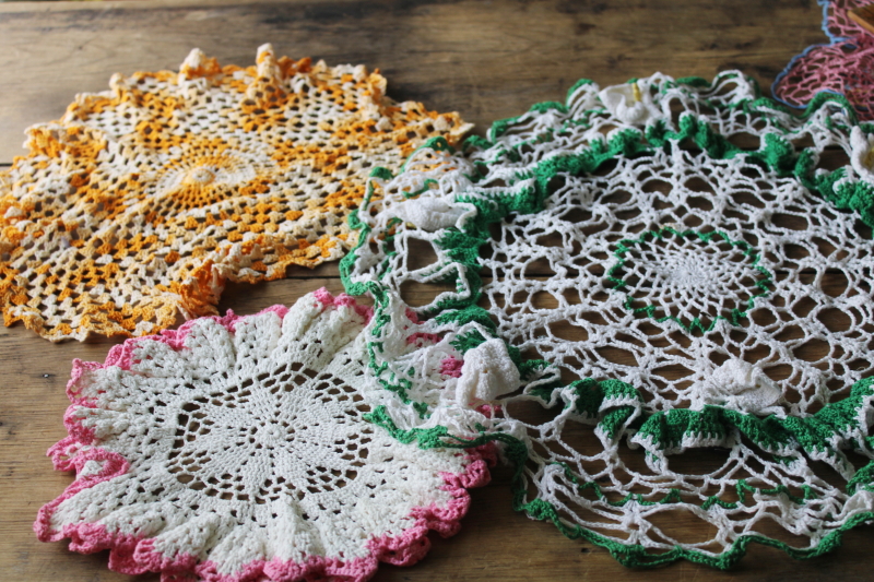 photo of large lot vintage crochet cotton lace doilies, bright colors and flowers hippie grandma boho decor  #12