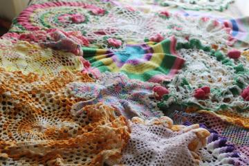 catalog photo of large lot vintage crochet cotton lace doilies, bright colors and flowers hippie grandma boho decor 