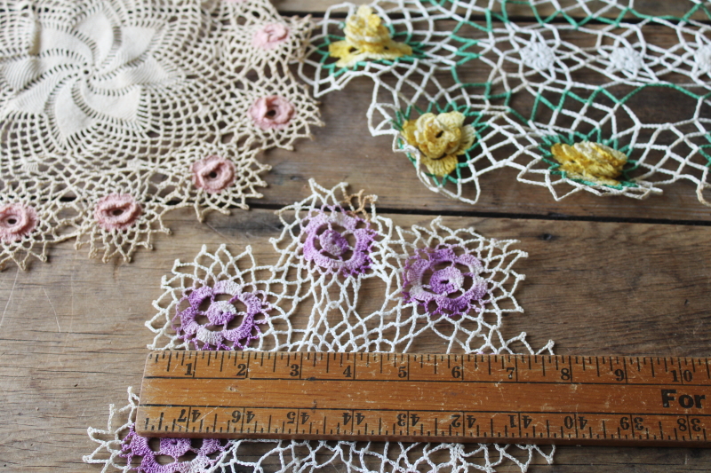 photo of large lot vintage crochet cotton lace doilies, pretty colors and flowers grandmacore cottage decor  #2