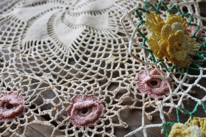 photo of large lot vintage crochet cotton lace doilies, pretty colors and flowers grandmacore cottage decor  #3
