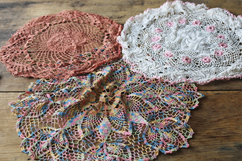 photo of large lot vintage crochet cotton lace doilies, pretty colors and flowers grandmacore cottage decor  #6
