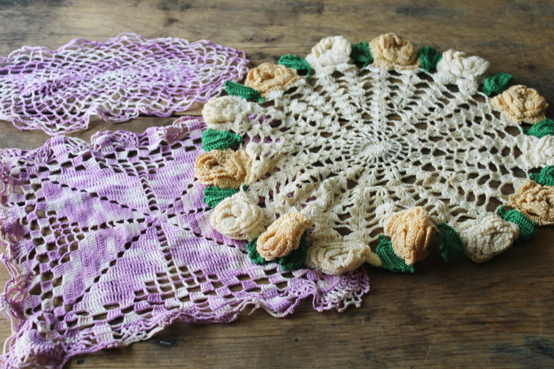 photo of large lot vintage crochet cotton lace doilies, pretty colors and flowers grandmacore cottage decor  #9