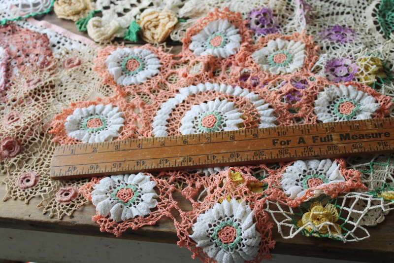 photo of large lot vintage crochet cotton lace doilies, pretty colors and flowers grandmacore cottage decor  #11