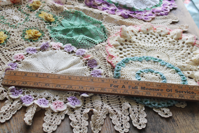 photo of large lot vintage crochet cotton lace doilies, pretty colors and flowers grandmacore cottage decor  #12
