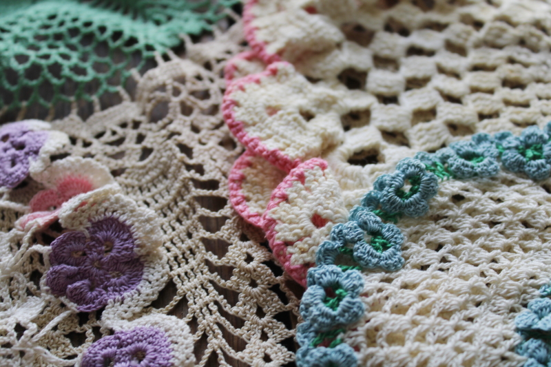 photo of large lot vintage crochet cotton lace doilies, pretty colors and flowers grandmacore cottage decor  #13