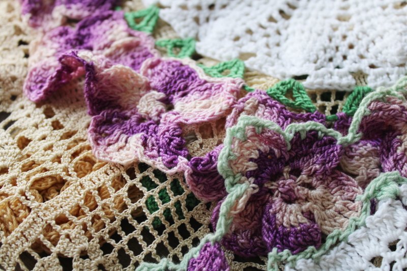 photo of large lot vintage crochet cotton lace doilies, pretty colors and flowers grandmacore cottage decor  #15