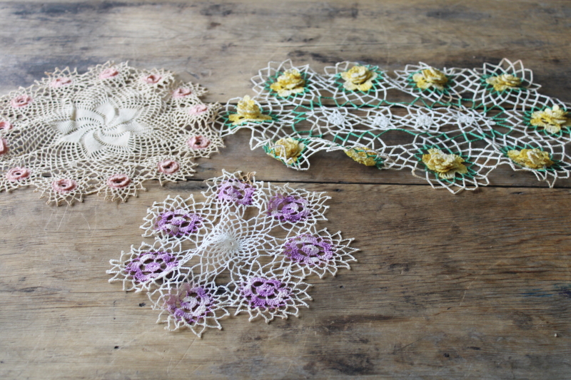 photo of large lot vintage crochet cotton lace doilies, pretty colors and flowers grandmacore cottage decor  #18