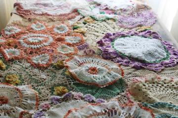 catalog photo of large lot vintage crochet cotton lace doilies, pretty colors and flowers grandmacore cottage decor 