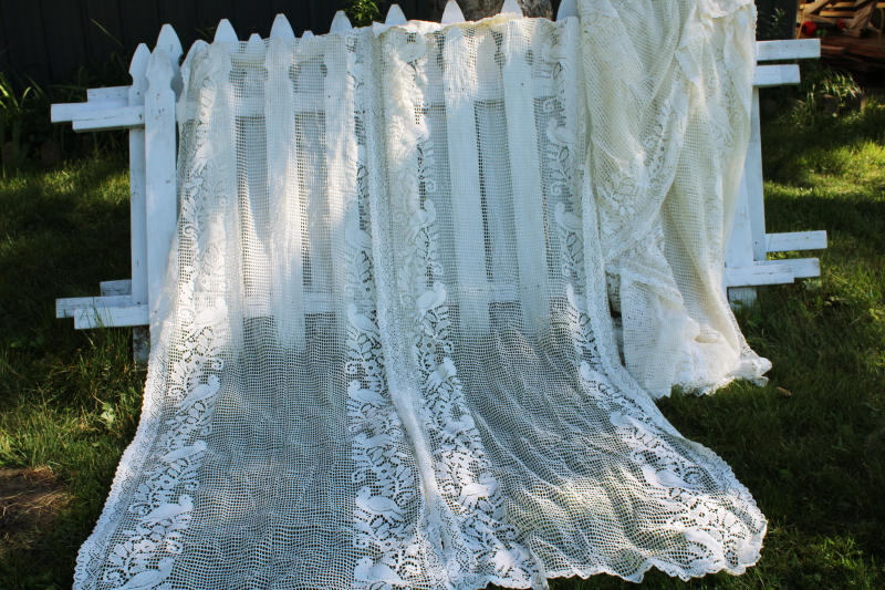 photo of large lot vintage ivory lace curtains, net darning style birds & flowers border #1