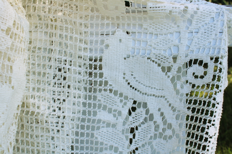 photo of large lot vintage ivory lace curtains, net darning style birds & flowers border #9