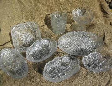 catalog photo of large lot vintage pressed glass pickle & celery dishes, Imperial Nu-Cut etc.