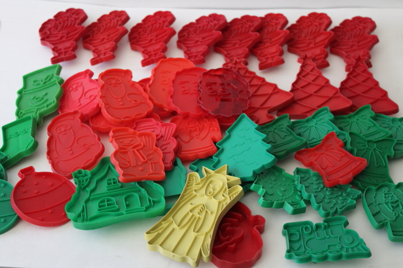 photo of large lot vintage red & green plastic cookie cutters Christmas Santa, trees etc #1