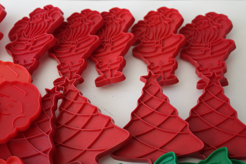 photo of large lot vintage red & green plastic cookie cutters Christmas Santa, trees etc #6