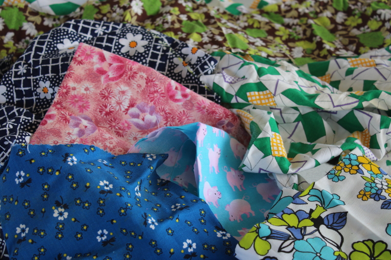 photo of large lot vintage scrap fabric, colorful prints for retro girly accessories, doll clothes etc #8