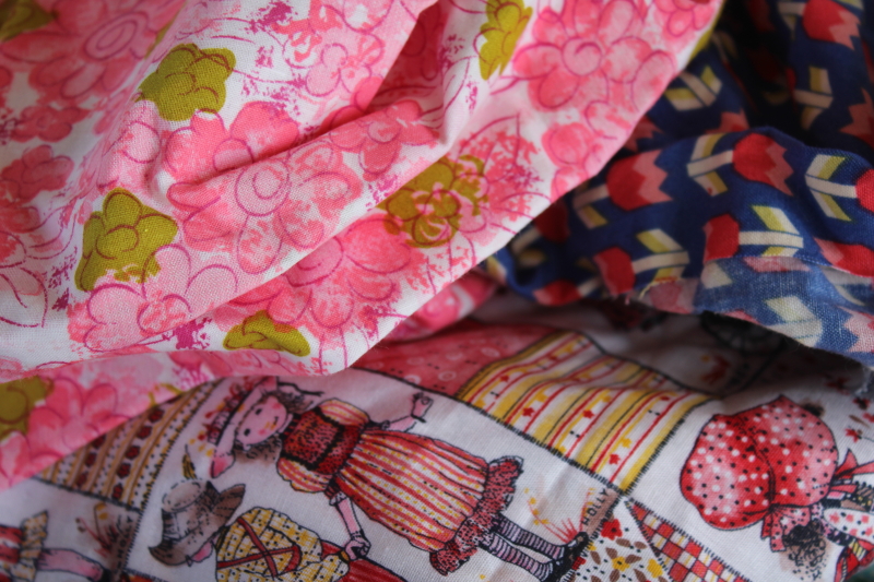 photo of large lot vintage scrap fabric, colorful prints for retro girly accessories, doll clothes etc #11