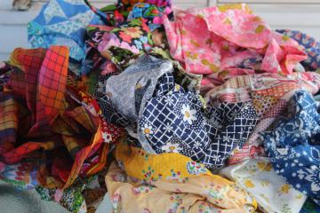 catalog photo of large lot vintage scrap fabric, colorful prints for retro girly accessories, doll clothes etc