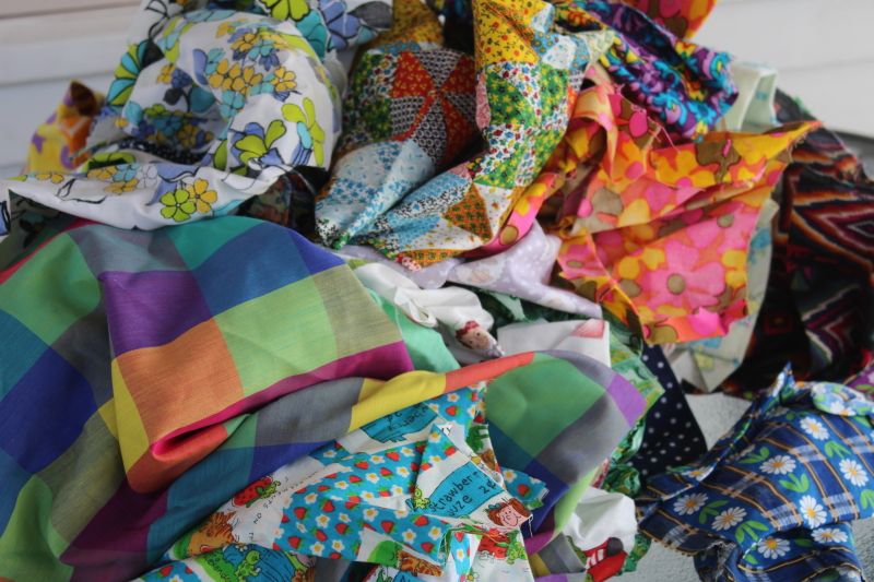 photo of large lot vintage scrap fabric, colorful prints for retro girly accessories, doll clothes etc #1