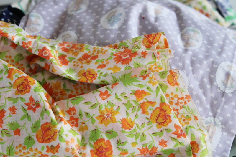 photo of large lot vintage scrap fabric, colorful prints for retro girly accessories, doll clothes etc #16