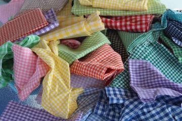 catalog photo of large lot vintage scrap fabric, gingham checks in all colors, cottagecore or retro preppy style