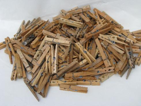 photo of large lot vintage wooden clothespins, primitive old hard wood #1