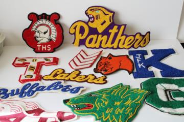 catalog photo of large lot vintage wool felt & chenille patches varsity jacket team emblems etc 