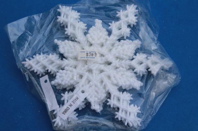 photo of large lot white Christmas glitter plastic snowflakes, retro ornaments sealed in pkgs #3