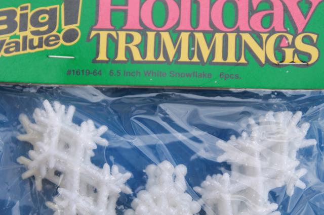 photo of large lot white Christmas glitter plastic snowflakes, retro ornaments sealed in pkgs #5