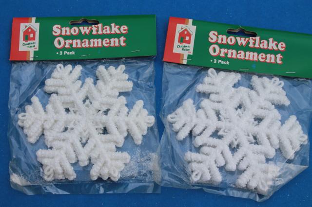 photo of large lot white Christmas glitter plastic snowflakes, retro ornaments sealed in pkgs #10