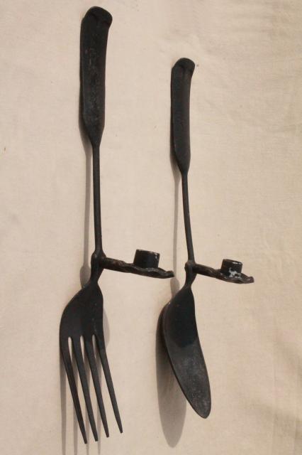 photo of large metal spoon & fork wall art candle sconces, primitive tavern sign / country kitchen vintage #1