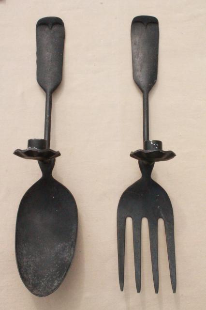 photo of large metal spoon & fork wall art candle sconces, primitive tavern sign / country kitchen vintage #2