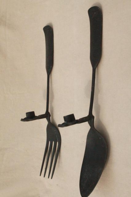 photo of large metal spoon & fork wall art candle sconces, primitive tavern sign / country kitchen vintage #6