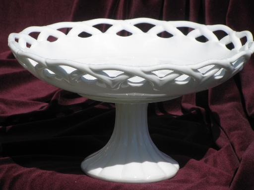 photo of large milk glass compote pedestal fruit bowl, vintage lace edge pattern #1