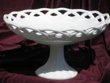 catalog photo of large milk glass compote pedestal fruit bowl, vintage lace edge pattern